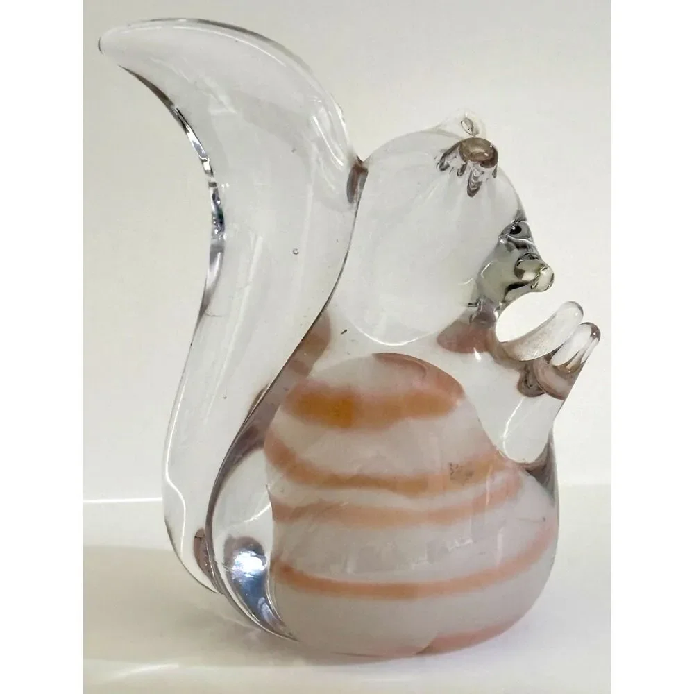 Vintage Murano Style Art Glass Squirrel Pink White Hand Blown Figurine MCM